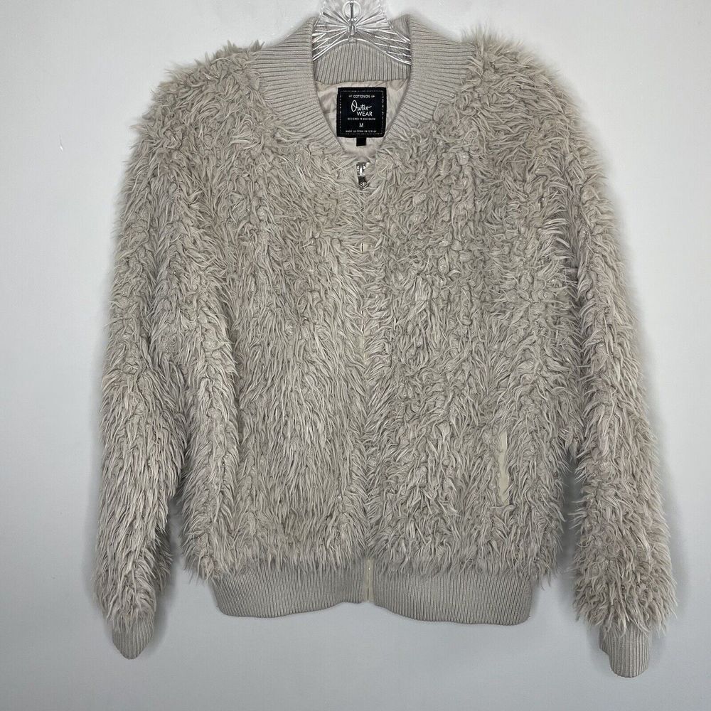 COTTON ON Womens Tan Faux-Fur Teddy Jacket Medium M Full-Zip Bomber